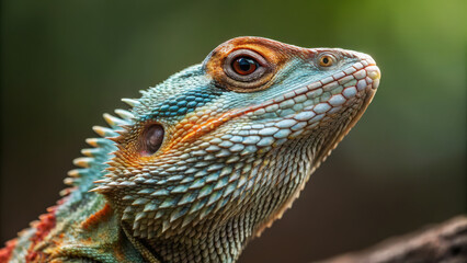 Colorful lizard portrait on blurred background, showcasing vibrant scales.