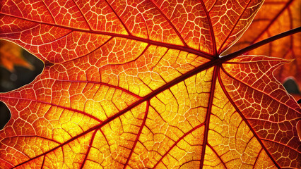Obraz premium Close-up of a vibrant autumn leaf with intricate vein patterns and rich colors.