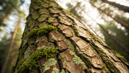 Obraz premium Close-up of a tree trunk covered in moss in a serene forest setting.
