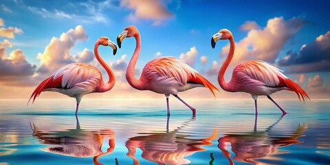 Obraz premium Tranquil Scene of Three Flamingos Floating on Water with Rippling Reflections in a 3D Illustration