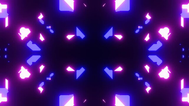 Abstract motion graphics showcase vibrant neon lights creating a dynamic kaleidoscopic pattern. Colorful and energetic, this background enhances visual experiences in various settings