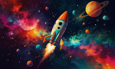 Retro Rocket Launching Through a Colorful Space Scene