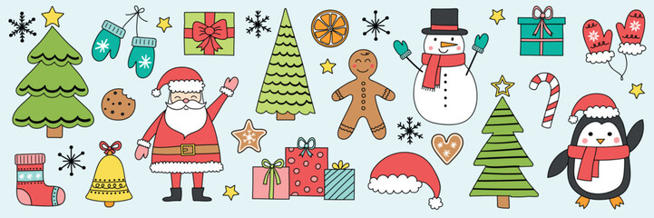 Set with hand drawn Christmas decorations. Collection with cute Santa Claus, snowman, cookie and tree. Vector illustration