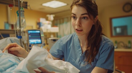 Female Orthopedic Nurse Adjusting Cast and Providing Patient Care in Bright Hospital Room