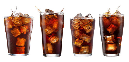 Four glasses of iced cola with ice cubes on a white isolated background.