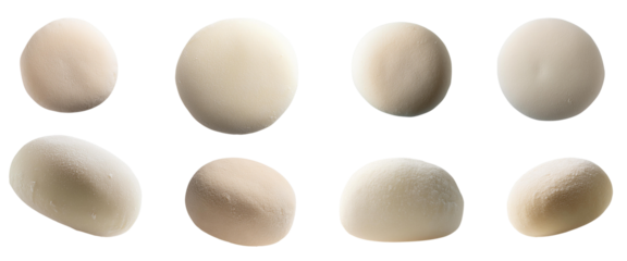 Different textured dough balls on a white isolated background, ready for cooking or baking.