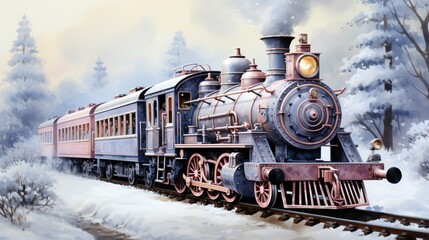 Fototapeta premium Vintage steam locomotive traveling through a snowy winter landscape.