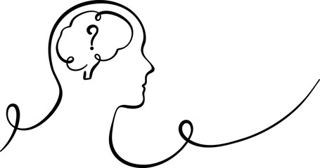 Human head and brain, question mark line art illustration, vector ink swirl face profile concept, isolated
