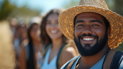 A cheerful man wearing a straw hat smiles widely as he enjoys an outdoor event with friends in a sunny countryside location