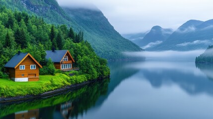 Cabins by a serene lake surrounded by lush green mountains and misty skies, AI