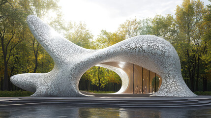 An abstract architectural structure combines fluid forms and organic materials, surrounded by a serene green park filled with trees and sunlight