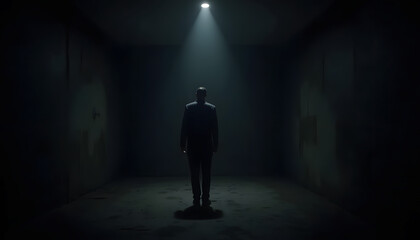 Obraz premium Illustration of a solitary figure standing in a dark room with dramatic lighting, representing abandonment