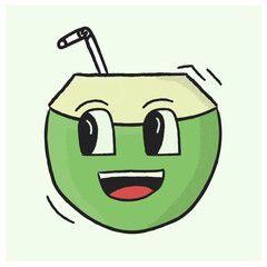 Hand drawn crayon style coconut fruit character design, crayon style hand drawn coconut character illustration