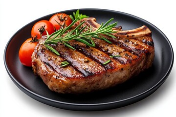 Piece of meat with a tomato and some herbs on top of a black plate. The plate is on a white background