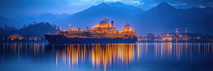 Fototapeta premium A gas tanker is docked in a peaceful bay, glowing under twilight, with mountains in the background and reflections shimmering on the water