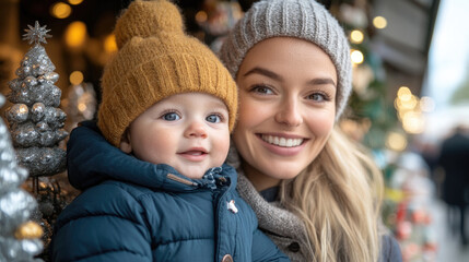Fototapeta premium A woman and her baby enjoy a cheerful moment at a winter market, smiling amidst twinkling lights and decorative holiday displays