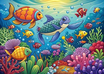 Naklejka premium Underwater World Cartoon Doodles: A Whimsical Exploration of Marine Life in Vector Style