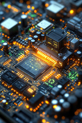 Obraz premium A detailed view of a circuit board illuminated by vibrant lights, highlighting the arrangement of various electronic components and microchips