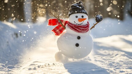 Obraz premium Funny energetic snowman running through a snow-covered scene with a scarf and hat, embracing the festive winter fun.