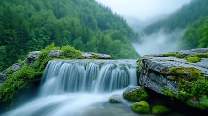 Serene waterfall cascading over moss-covered rocks in a lush, misty forest, AI