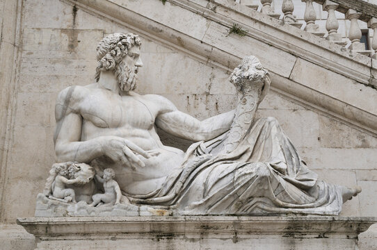 Rome, Lazio, Italy, Europe - Colossal statue of Tiber River God designed by Michelangelo, Palazzo Senatorio, Capitoline Museums, Capitoline Hill, Piazza del Campidoglio, UNESCO World Heritage site