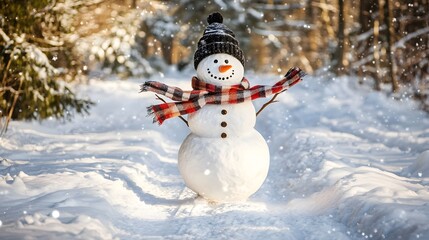 Obraz premium Funny energetic snowman running through a snow-covered scene with a scarf and hat, embracing the festive winter fun.