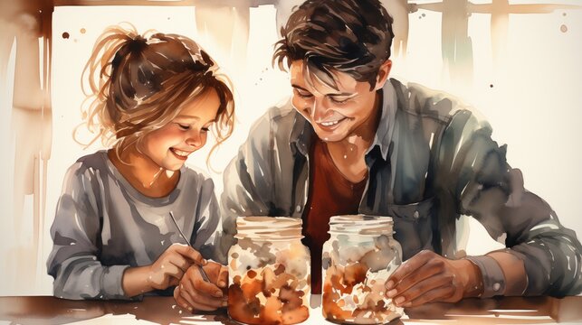 Father and daughter happily observe mushrooms growing in jars, embracing a shared hobby.