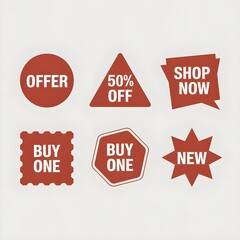 icon red sale label. The label variety name offer, 50% of, 50% of, shop now, buy one, new