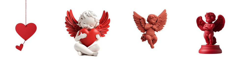 Fototapeta premium Decorative cherubs with heart motifs, displaying various red hues against a dark background, ideal for love-themed decor or gifts.