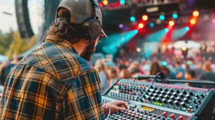 Fototapeta premium Sound Engineer Managing Live Music Festival with Vibrant Lights and Energetic Crowd