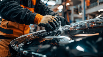 The mechanic uses a grinding tool to sand car parts, paint the garage, and repair vehicles after accidents.
