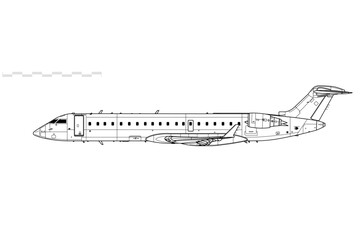Bombardier CRJ700. Vector drawing of regional jet airliner. Side view. Image for illustration and infographics.