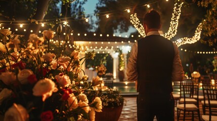 Outdoor Wedding Planner Finalizes Elegant Venue with Floral Arrangements and String Lights