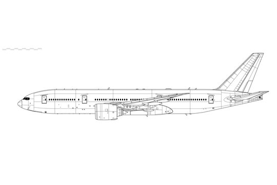 Boeing 777-200ER. Vector drawing of wide body long range jet airliner. Side view. Image for illustration and infographics.