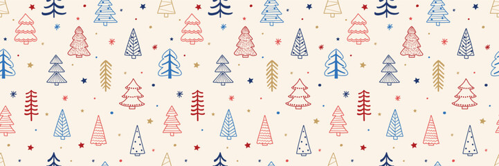 Christmas tree background design. Seamless pattern with cartoon ornaments. Vector illustration