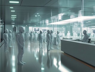 Parallel Universe Office with Curious Beings from Different Dimensions Awaiting Processing