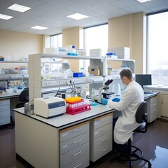 Obraz premium pharmaceutical laboratory with multiple workstations. 