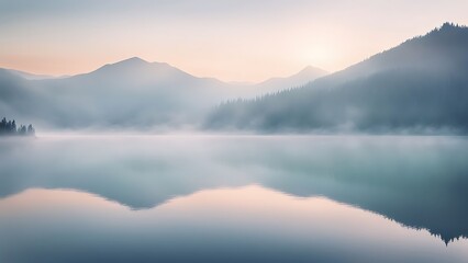 Fototapeta premium Gentle mist over a mountain lake at dawn