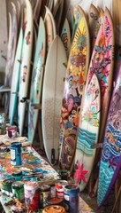 Fototapeta premium Vibrant Surfboard Customization Workshop - Artistic Surfboard Design and Painting for Creative Enthusiasts