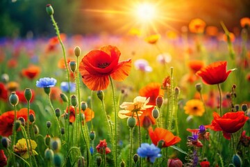 Naklejka premium Vibrant Abstract Background of Poppies and Wildflowers in a Lush Meadow - Nature's Palette of Colors for Creative Projects