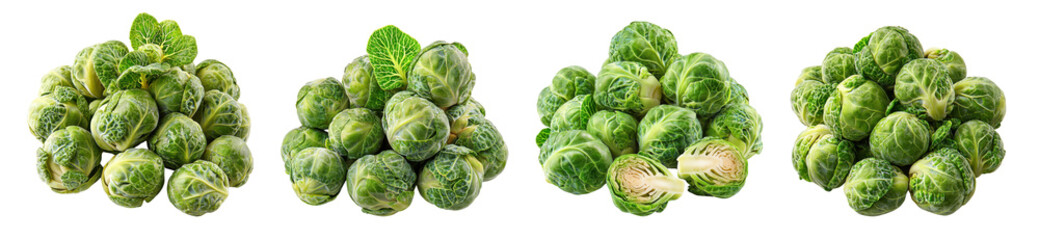 Fototapeta premium Four clusters of fresh brussels sprouts on a dark background, showcasing their vibrant green color and unique shape.