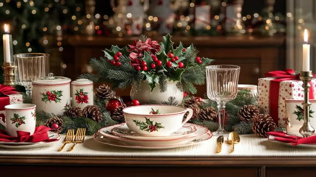 A festive dining table set with holiday decorations and elegant tableware.