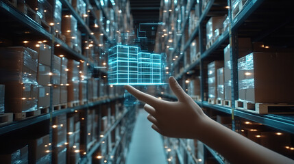 A hand reaching out to touch a holographic digital icon of warehouse shelves, surrounded by rows and rows of boxes in the background