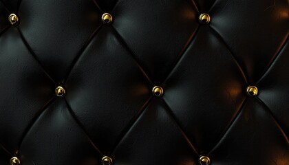 Naklejka premium A close-up of a black tufted leather surface with gold buttons, showcasing texture and design.