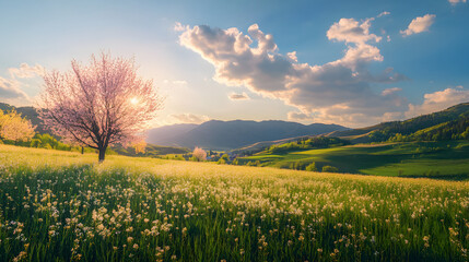 Obraz premium A serene landscape showcasing natural time cycles with blooming flowers in spring.