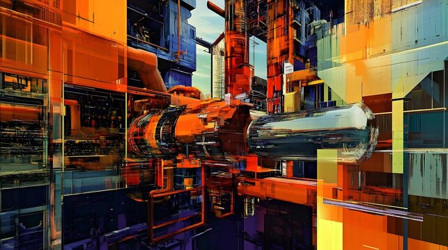 Metaphysical Recycling Center Surreal Cubist Landscape of Vibrant Colors and Futuristic Machinery
