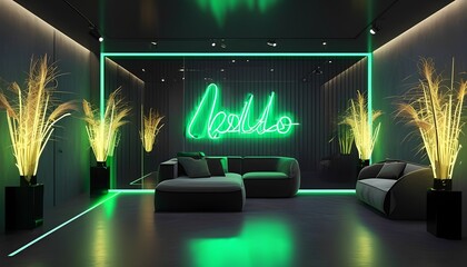 Obraz premium a room with a couch, chair, and neon sign in it