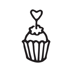 Cupcake with heart candle linear illustration, icon on white