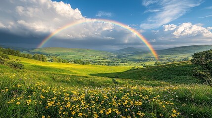 Vibrant Rainbow Over Lush Green Valley with Wildflowers