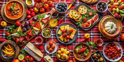 Vibrant Food Photography on Red and Black Plaid Fabric Texture Background for Culinary Inspiration and Social Media Sharing